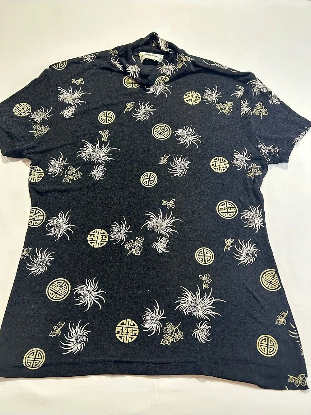 Vintage Frazier Lawrence Mock Neck Top Medium Black Gold Asian Shau Motif